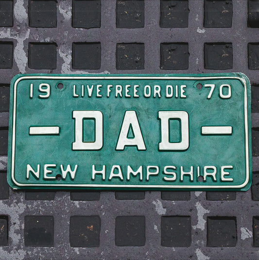 Photo of a 1970 New Hampshire Vanity License Plate Auto Tag Garage Decor Vintage Father's Day Gift DAD with original patina
