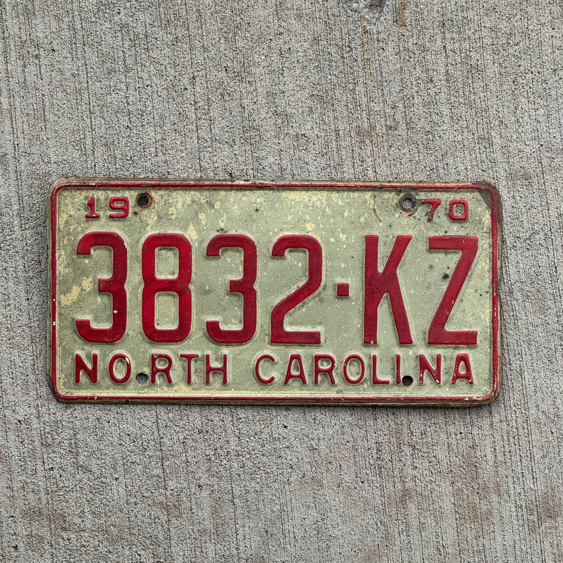 Photo of a 1970 North Carolina License Plate Auto Tag Garage Decor Vintage 3832 KZ with original patina