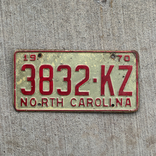 Photo of a 1970 North Carolina License Plate Auto Tag Garage Decor Vintage 3832 KZ with original patina