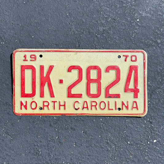 Photo of a 1970 North Carolina License Plate Auto Tag Garage Decor Vintage DK 2824 with original patina