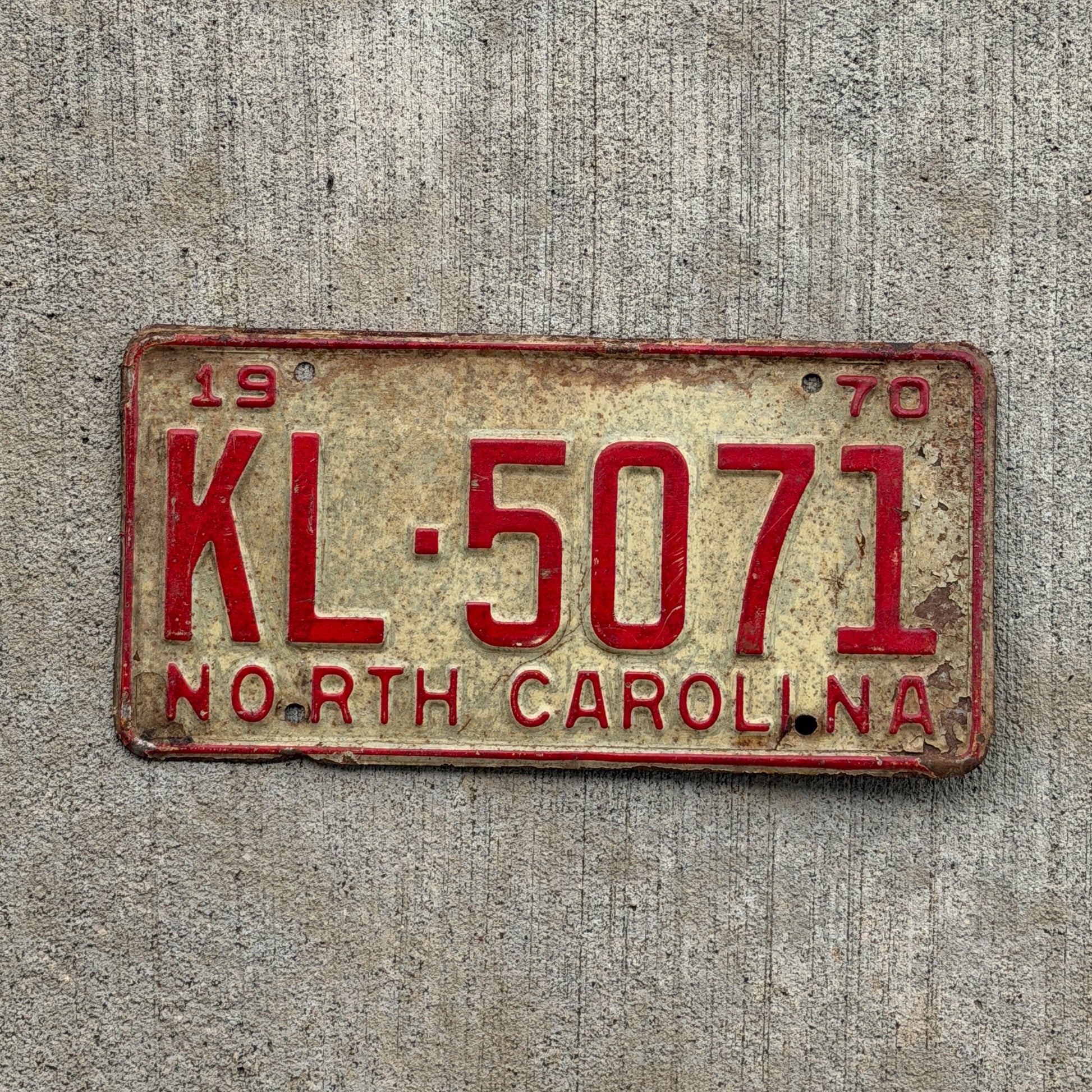 Photo of a 1970 North Carolina License Plate Auto Tag Garage Decor Vintage KL 5071 with original patina