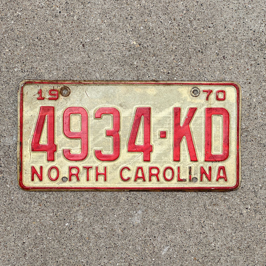 Photo of a 1970 North Carolina Trailer License Plate Auto Tag Garage Decor Vintage 4934 KD with original patina