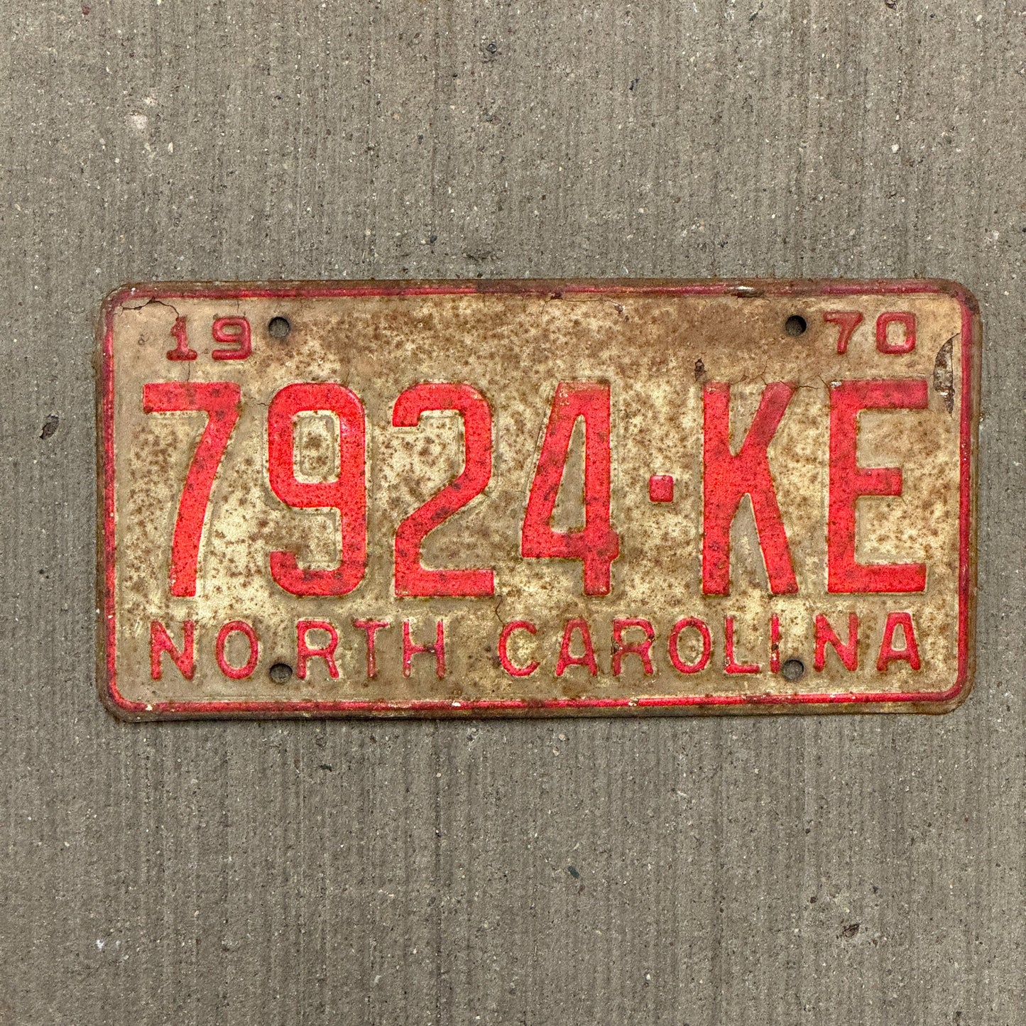 Photo of a 1970 North Carolina Trailer License Plate Auto Tag Garage Decor Vintage 7924 KE with original patina