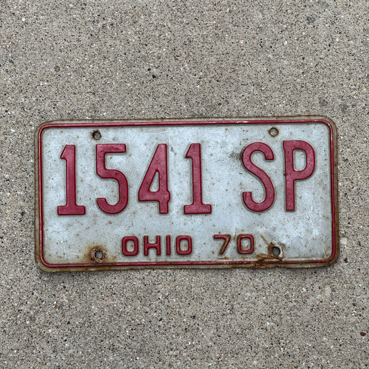 Photo of a 1970 Ohio License Plate Auto Tag 2 Vintage Garage 1541 SP with original patina