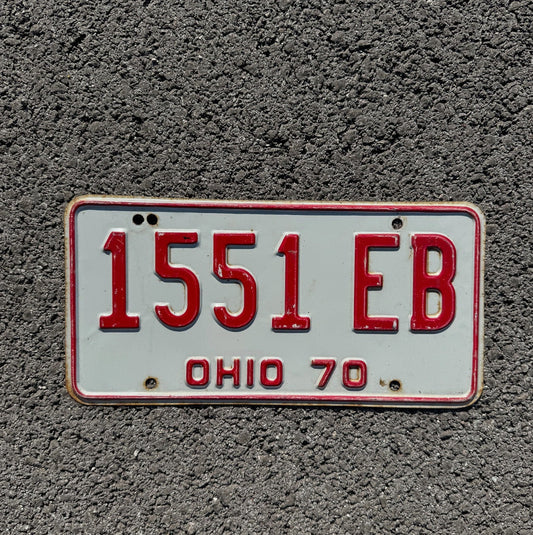 Photo of a 1970 Ohio License Plate Auto Tag Garage Decor Vintage Red White 1551 EB