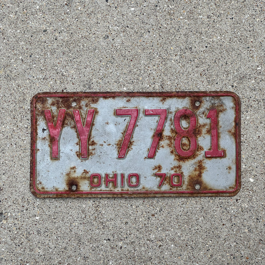 Photo of a 1970 Ohio License Plate Auto Tag Garage Decor Vintage YY 7781 with original patina