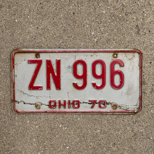 Photo of a 1970 Ohio License Plate Auto Tag Garage Decor Vintage ZN 996 with original patina