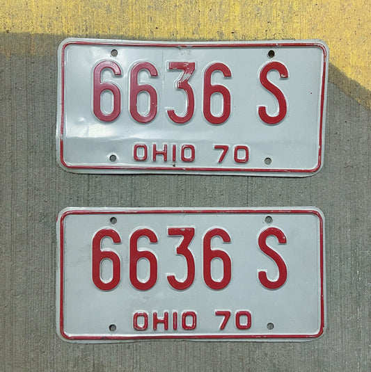 Photo of a 1970 Ohio License Plate Pair Auto Tag Garage Decor Vintage 6636 S with original patina