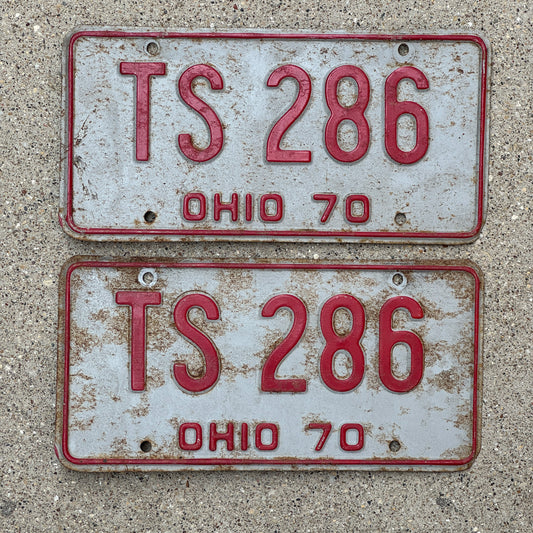 Photo of a 1970 Ohio License Plate Pair Auto Tag Garage Decor Vintage TS 286 with original patina