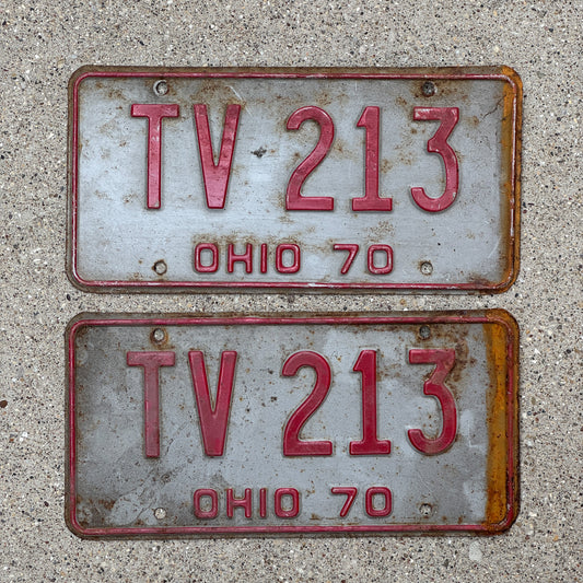 Photo of a 1970 Ohio License Plate Pair Auto Tag Garage Decor Vintage TV 213 with original patina