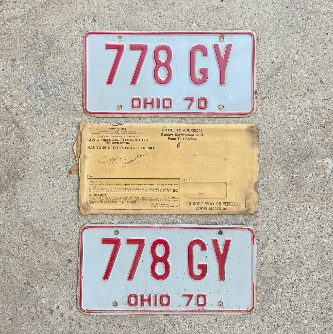 Photo of a 1970 Ohio License Plate Pair Auto Tag Garage Decor Vintage With Envelope 778 GY with original patina