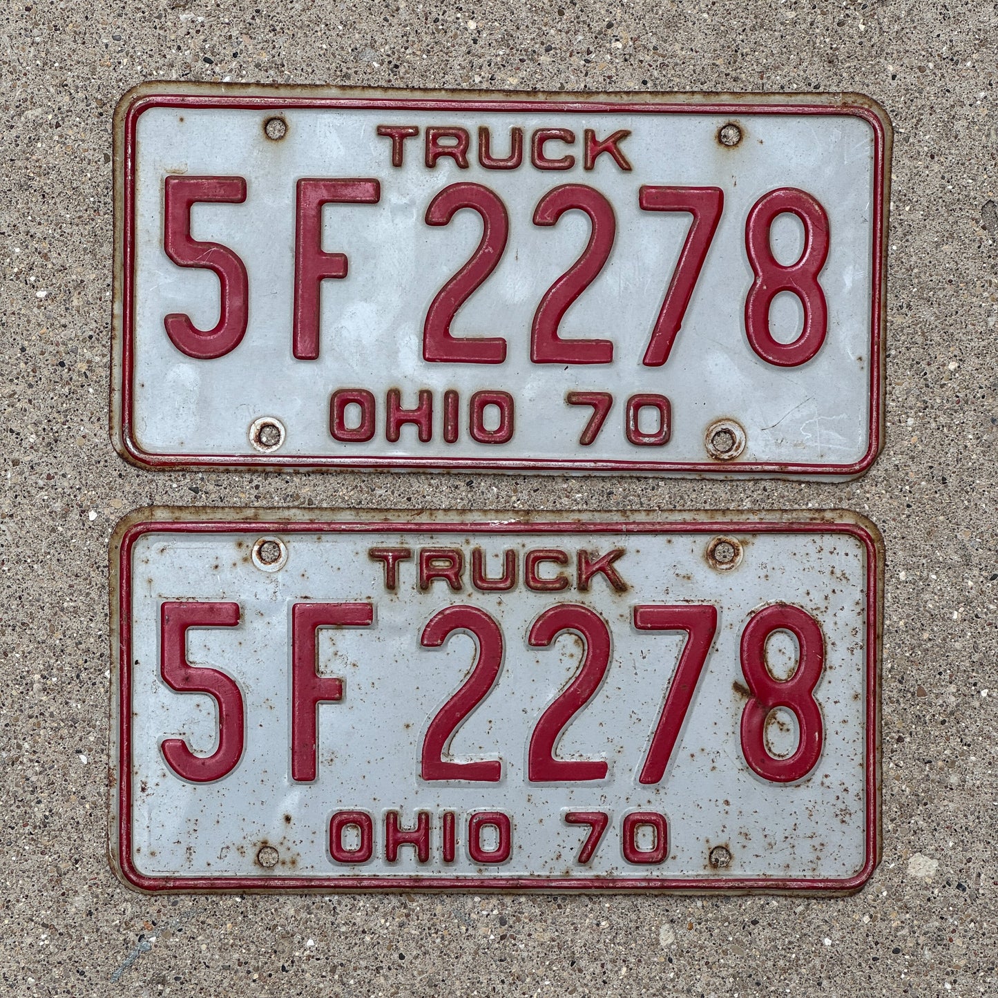 Photo of a 1970 Ohio Truck License Plate Pair Auto Tag Garage Decor Vintage 5 F 2278 with original patina