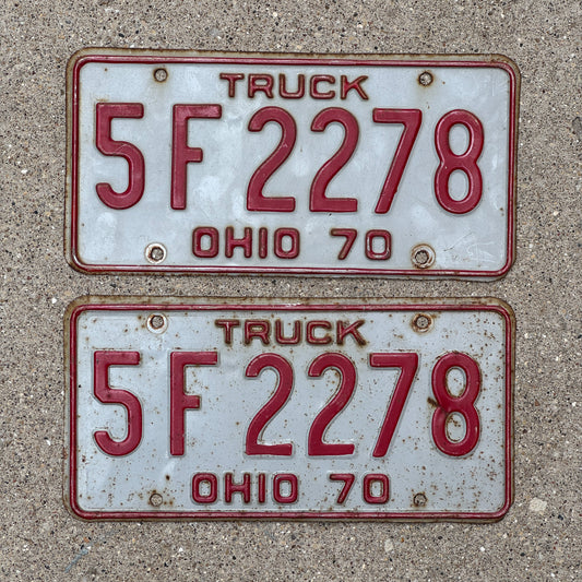 Photo of a 1970 Ohio Truck License Plate Pair Auto Tag Garage Decor Vintage 5 F 2278 with original patina