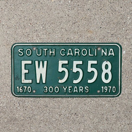Photo of a 1970 South Carolina License Plate Auto Tag Garage Decor Vintage EW 5558 with original patina