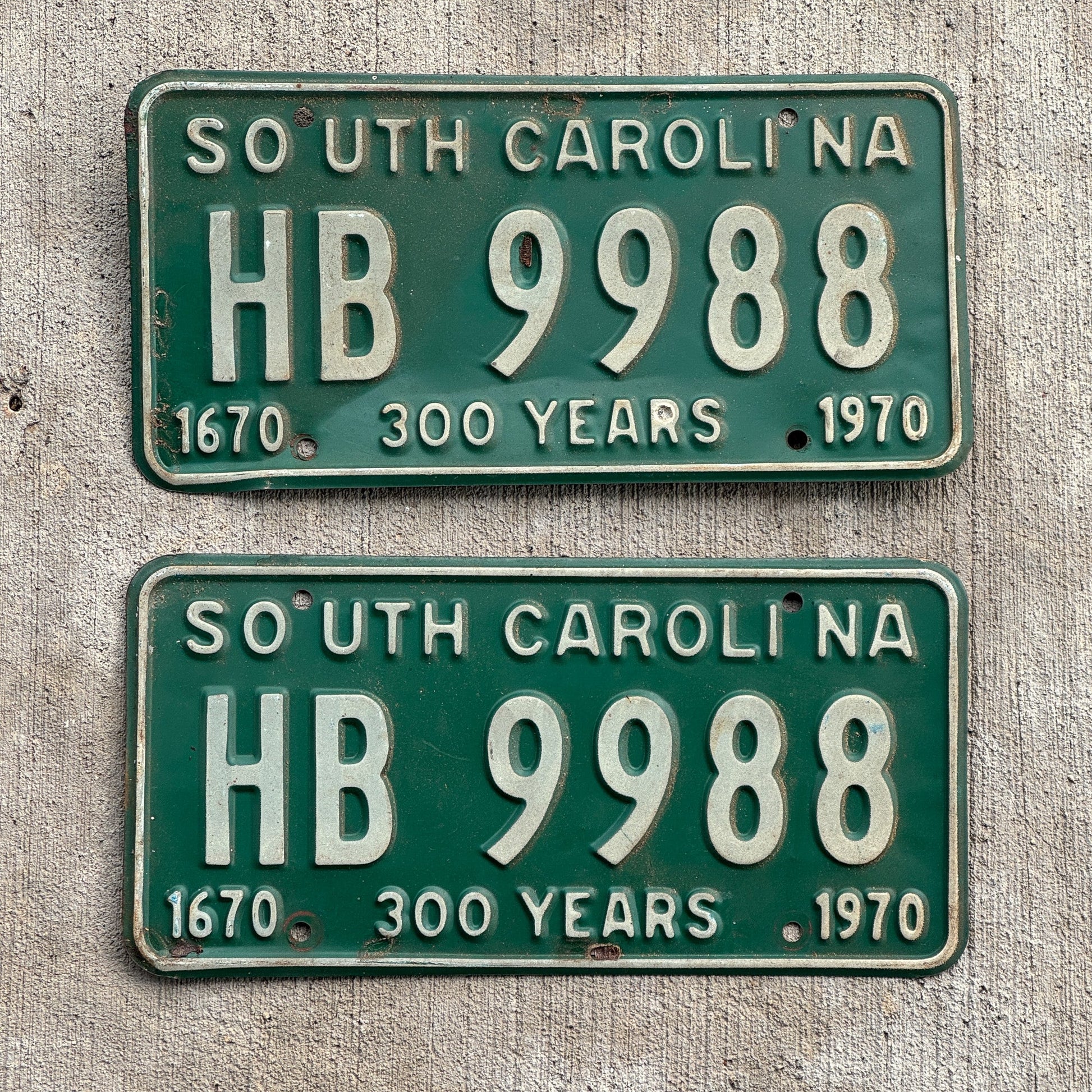 Photo of a 1970 South Carolina License Plate Pair Auto Tag Garage Decor Vintage HB 9988 with original patina