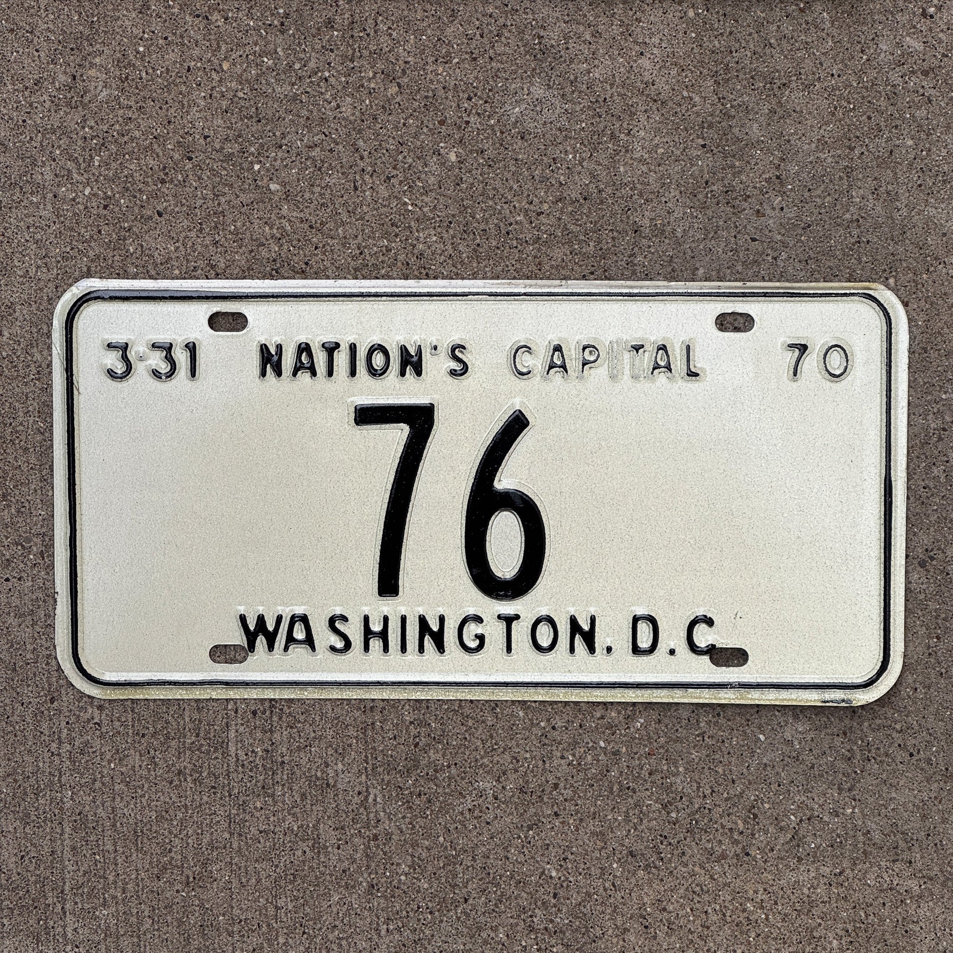 Photo of a 1970 Washington DC License Plate Auto Tag 1 Garage Decor Low Number Two Digit 76 with original patina