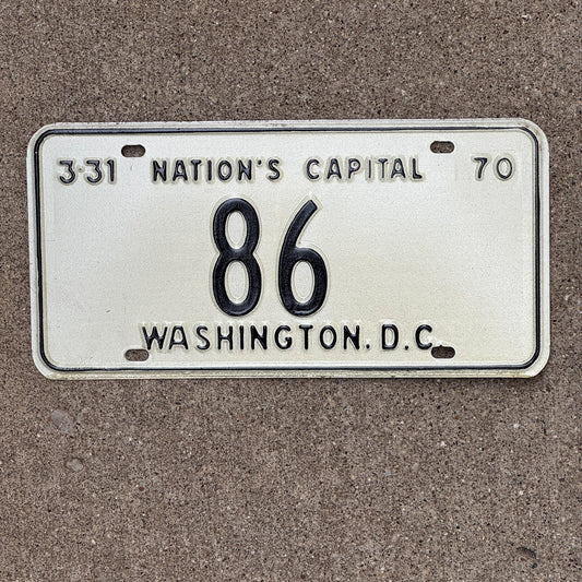 Photo of a 1970 Washington DC License Plate Auto Tag 1 Garage Decor Low Number Two Digit 86 with original patina