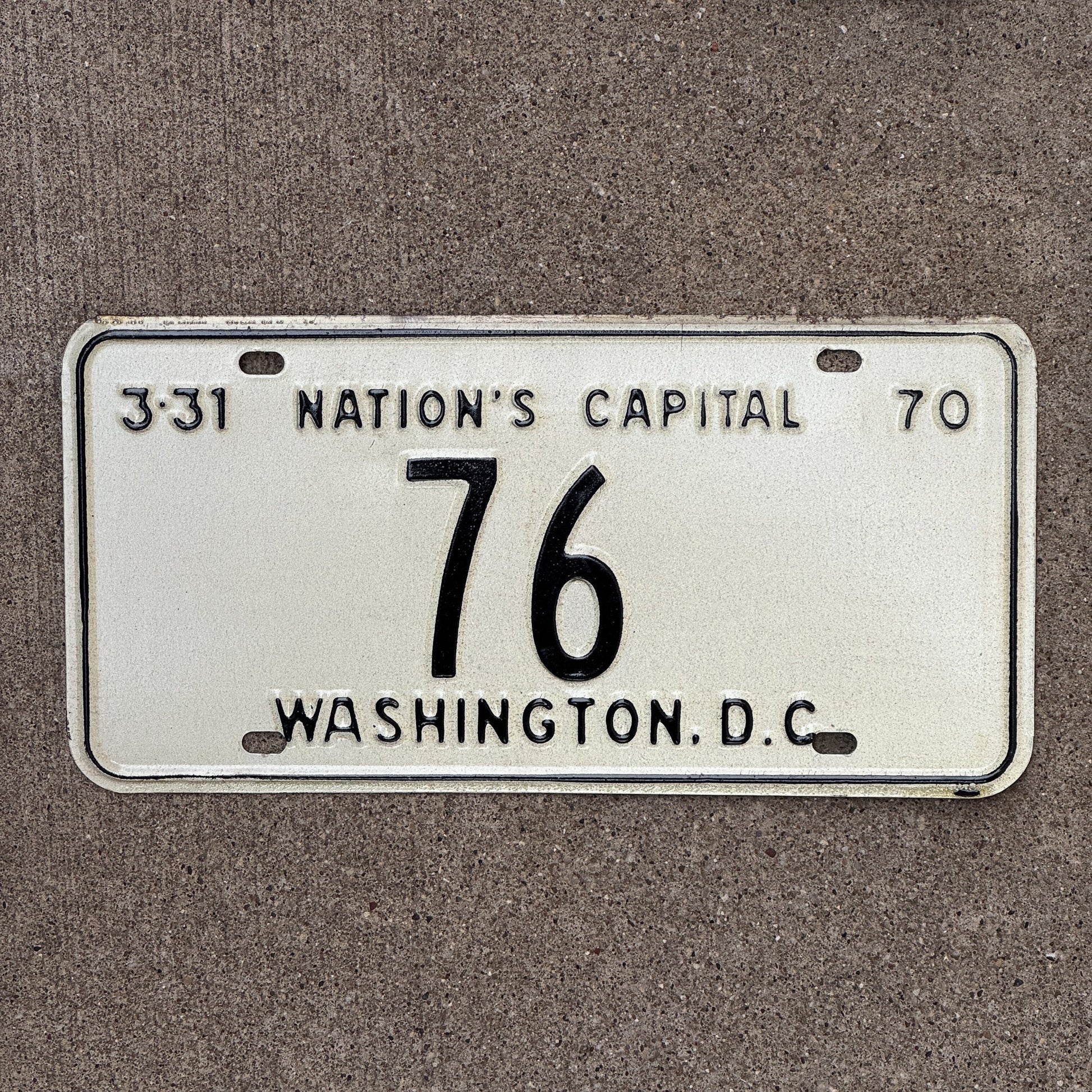 Photo of a 1970 Washington DC License Plate Auto Tag 2 Garage Decor Low Number Two Digit 76 with original patina