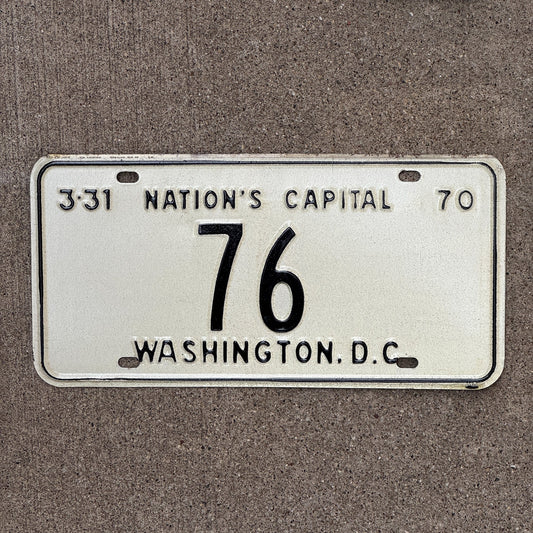 Photo of a 1970 Washington DC License Plate Auto Tag 2 Garage Decor Low Number Two Digit 76 with original patina