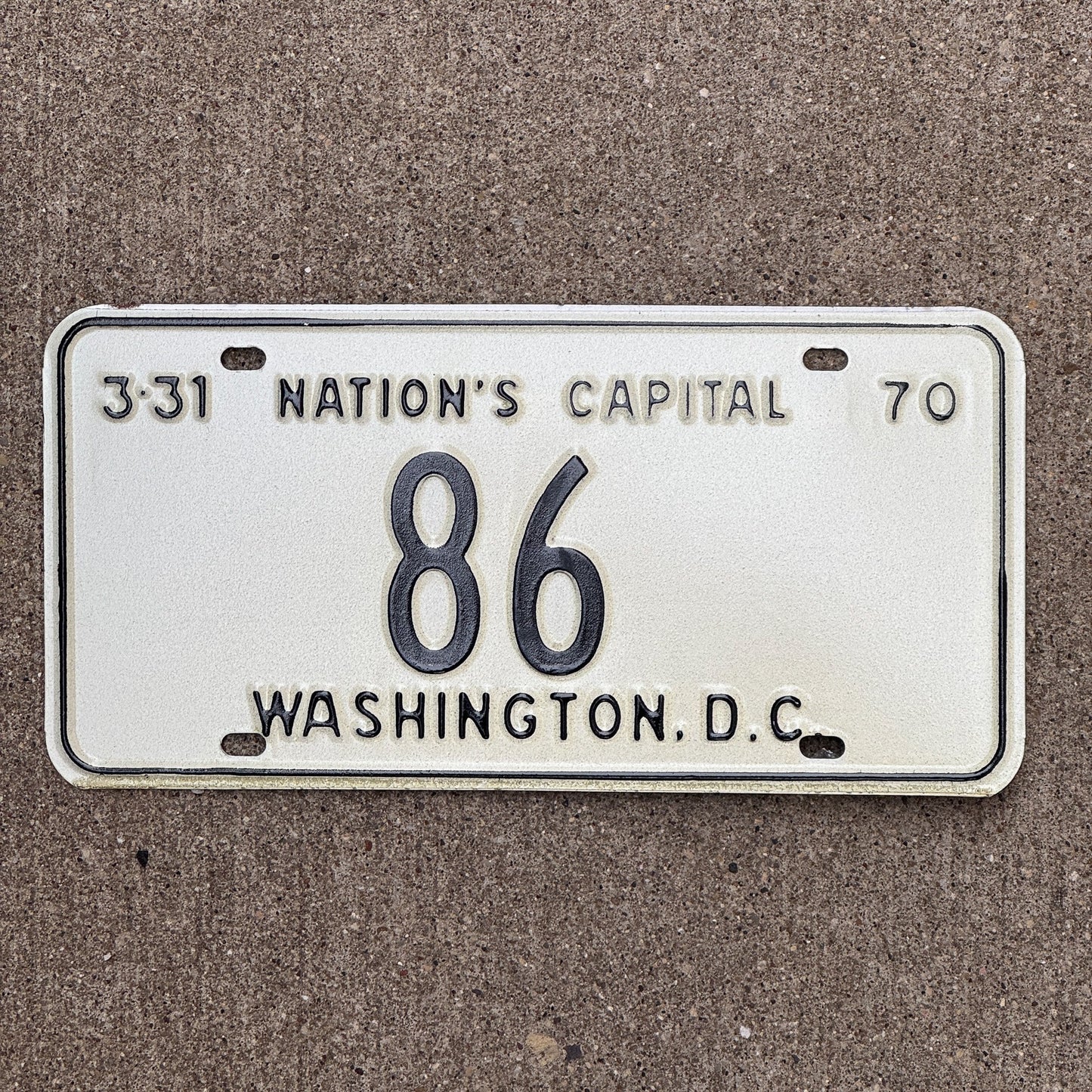 Photo of a 1970 Washington DC License Plate Auto Tag 2 Garage Decor Low Number Two Digit 86 with original patina