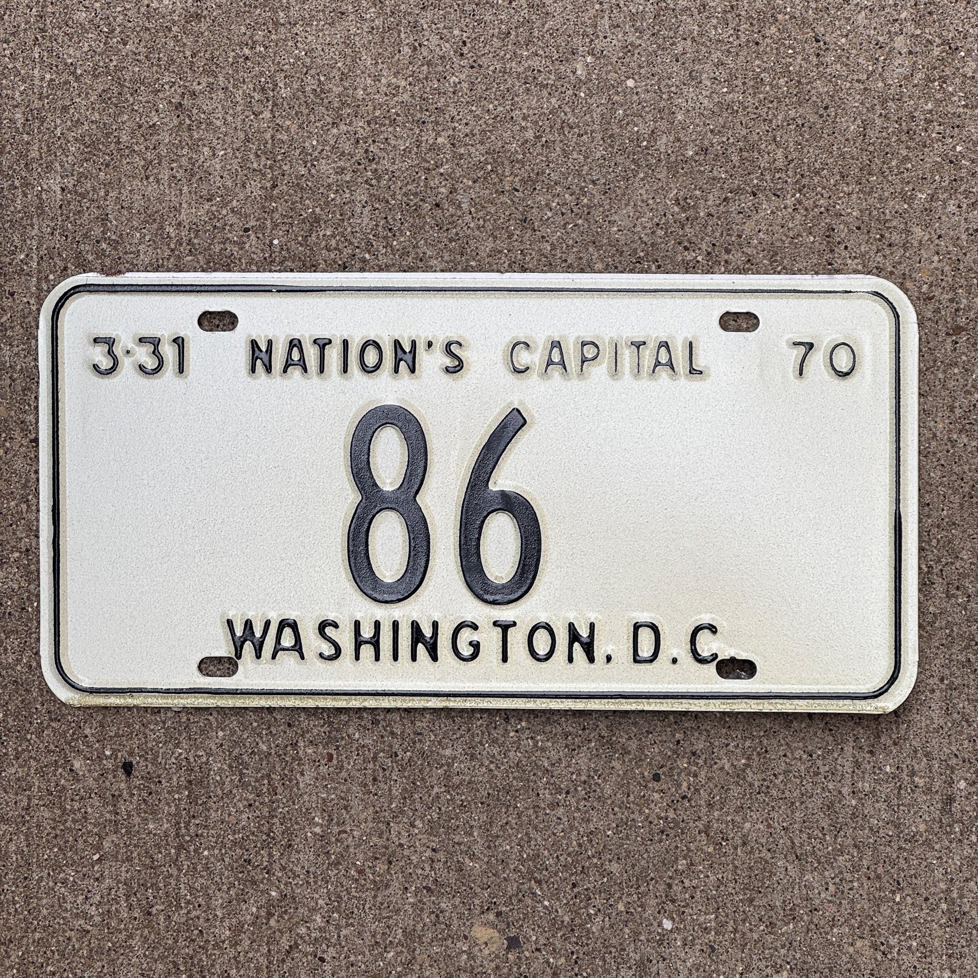 Photo of a 1970 Washington DC License Plate Auto Tag 2 Garage Decor Low Number Two Digit 86 with original patina