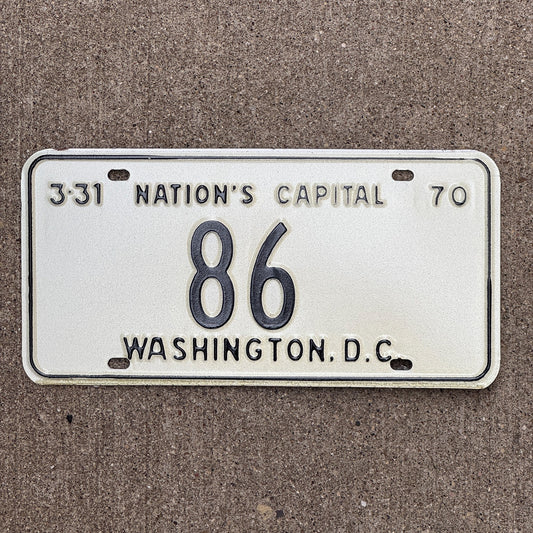 Photo of a 1970 Washington DC License Plate Auto Tag 2 Garage Decor Low Number Two Digit 86 with original patina