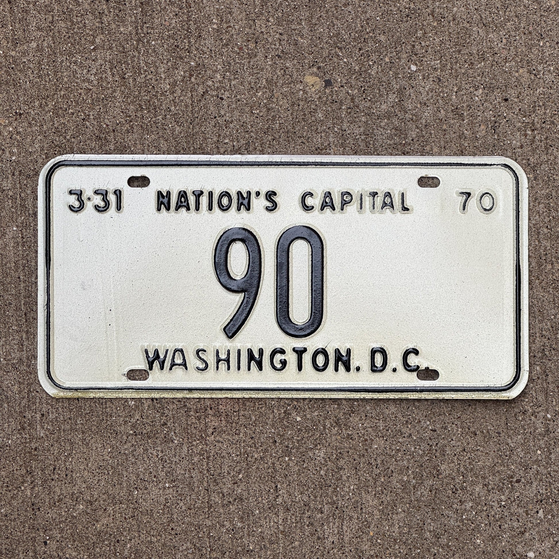 Photo of a 1970 Washington DC License Plate Auto Tag Garage Decor Vintage Low Number Two Digit 90 with original patina