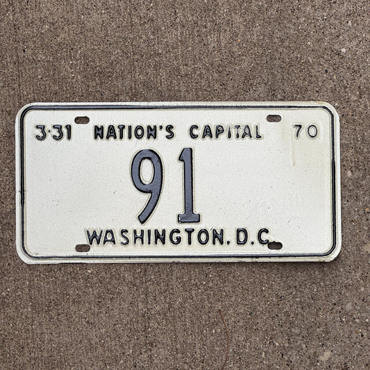 Photo of a 1970 Washington DC License Plate Auto Tag Garage Decor Vintage Low Number Two Digit 91 with original patina