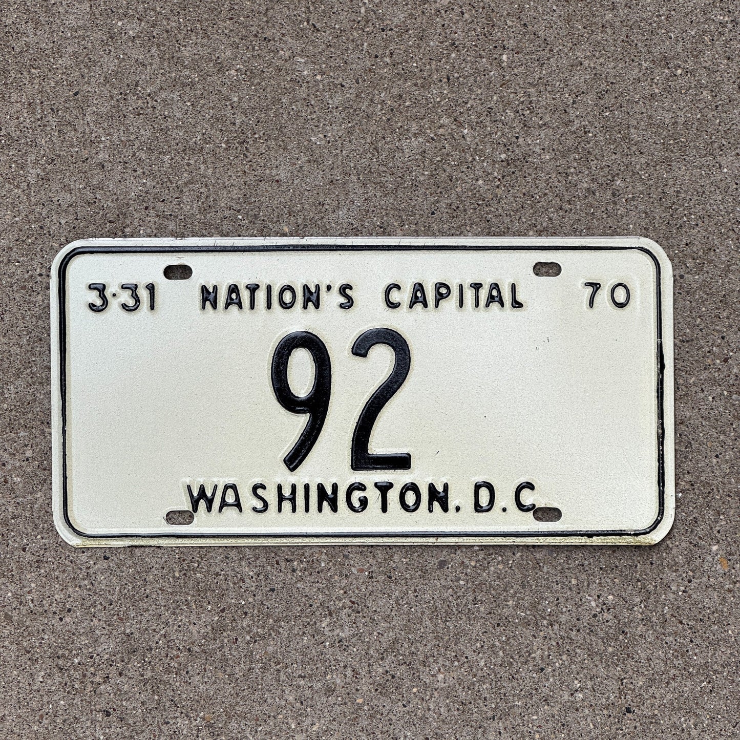 Photo of a 1970 Washington DC License Plate Auto Tag Garage Decor Vintage Low Number Two Digit 92 with original patina
