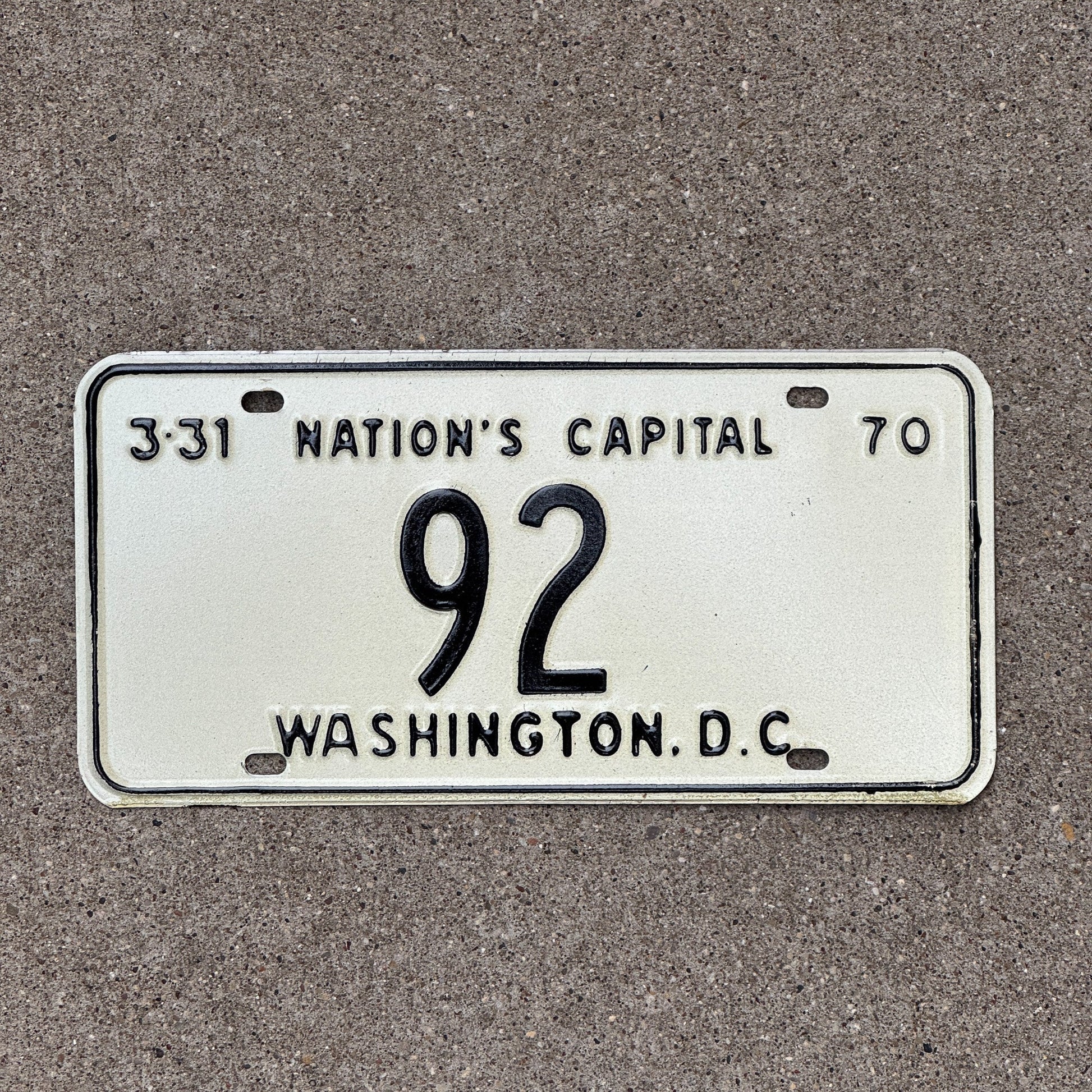 Photo of a 1970 Washington DC License Plate Auto Tag Garage Decor Vintage Low Number Two Digit 92 with original patina
