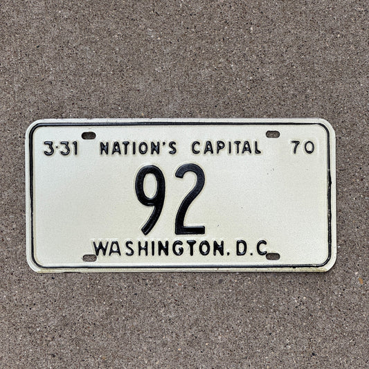 Photo of a 1970 Washington DC License Plate Auto Tag Garage Decor Vintage Low Number Two Digit 92 with original patina