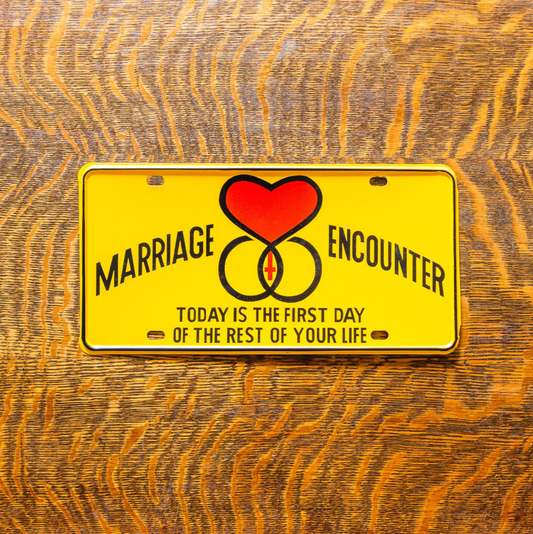 1970 Era Marriage Encounter Booster License Plate Vintage Valentine's Wedding Decor