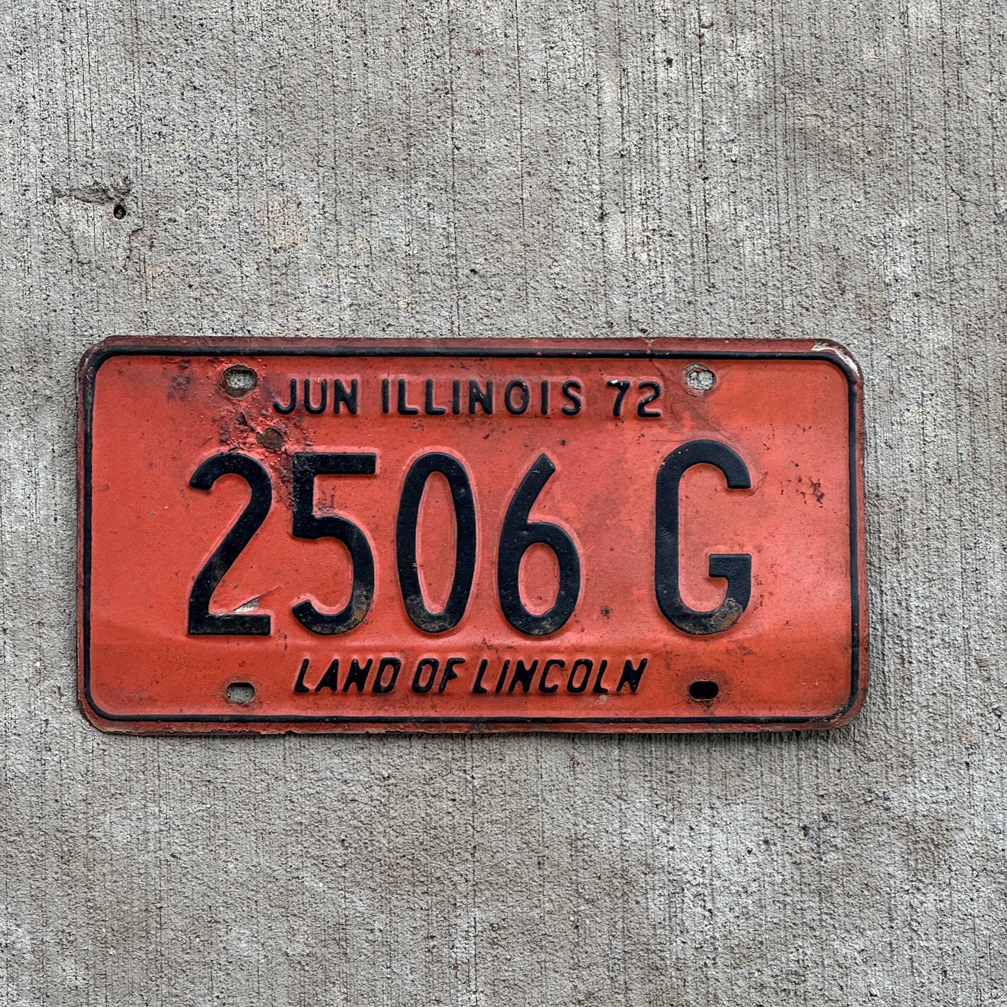 Photo of a 1971 1972 Illinois Truck License Plate Auto Tag 1 Vintage Garage 2506 G with original patina