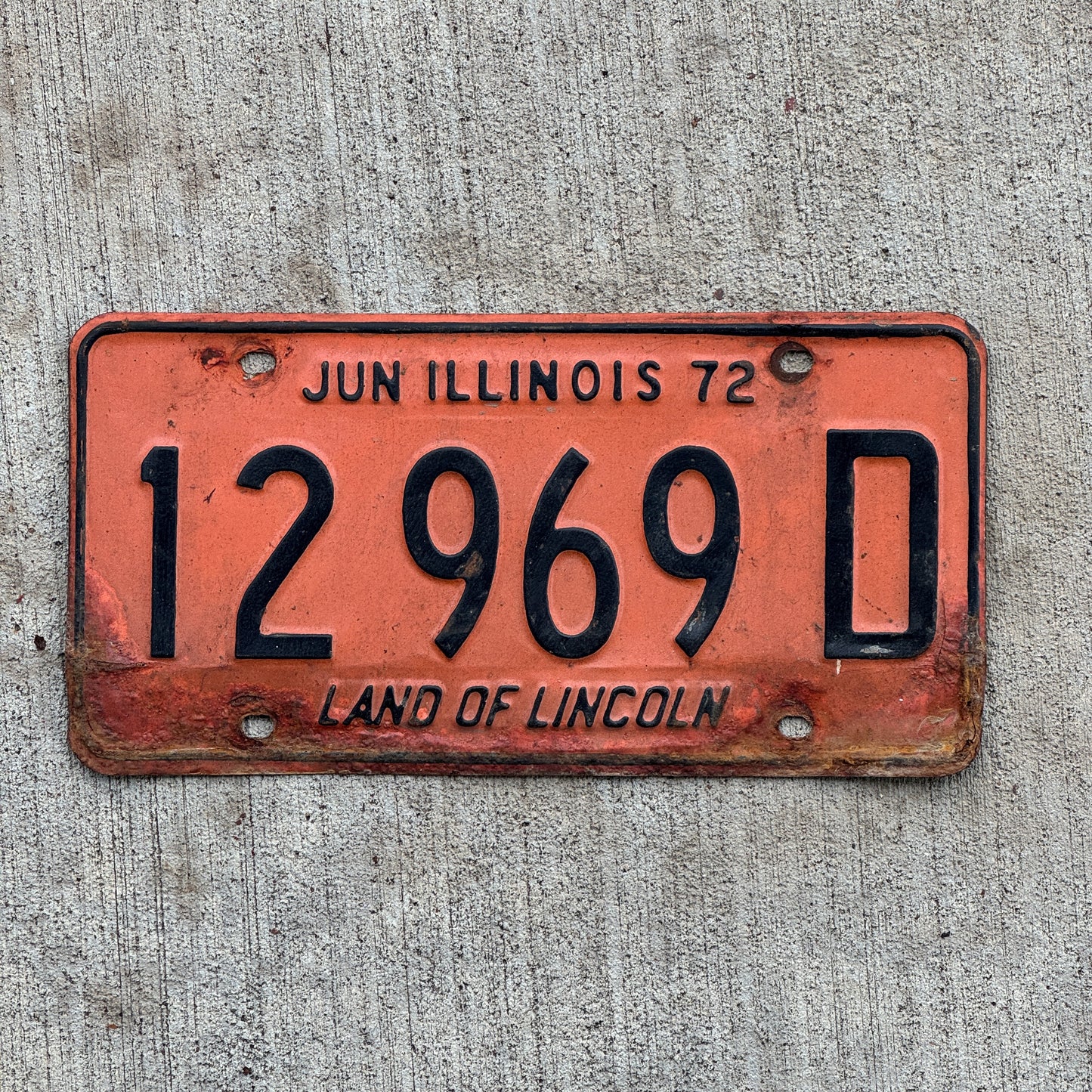 Photo of a 1971 1972 Illinois Truck License Plate Auto Tag 2 Vintage Garage 12 969 D with original patina