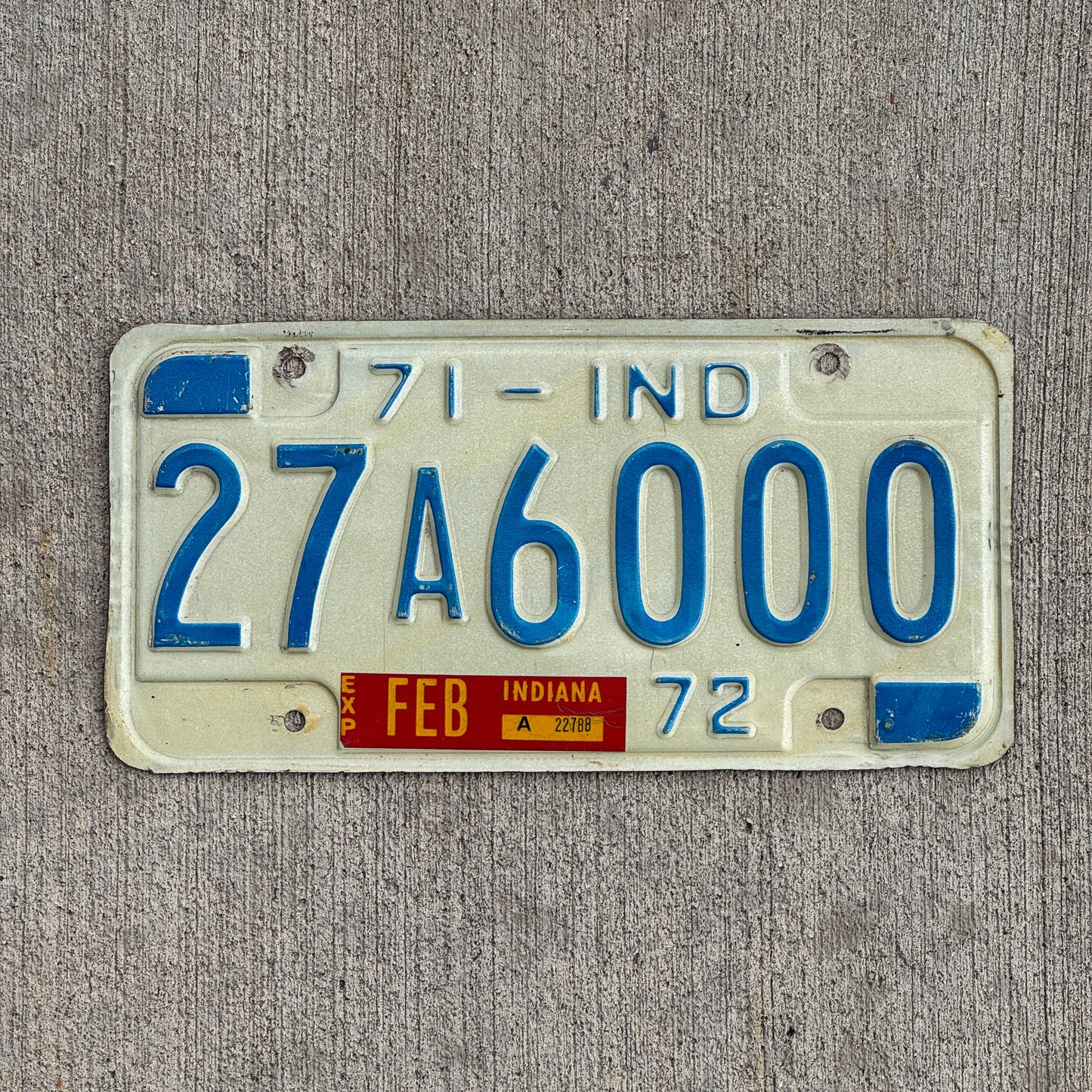 Photo of a 1971 1972 Indiana License Plate Auto Tag Garage Decor Vintage 27 A 6000 with original patina