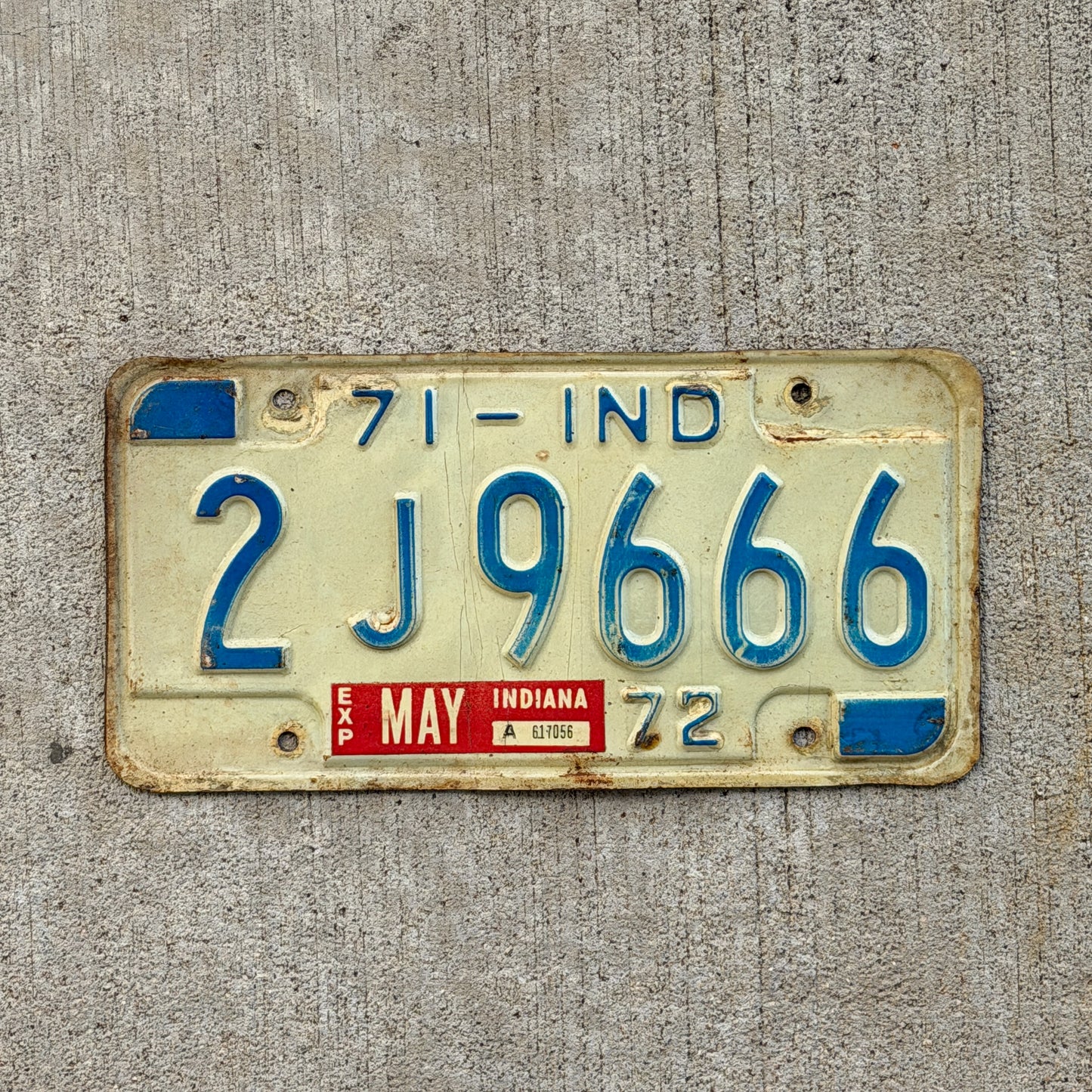 Photo of a 1971 1972 Indiana License Plate Auto Tag Garage Decor Vintage 666 Devil Evil Repeat Repeating 2 J 9666 with original patina