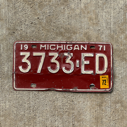 Photo of a 1971 1972 Michigan Commercial License Plate Auto Tag Garage Decor Vintage 3733 ED with original patina