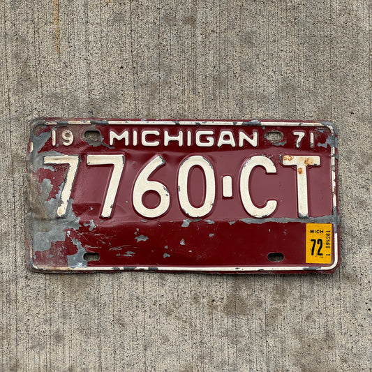Photo of a 1971 1972 Michigan Commercial License Plate Auto Tag Garage Decor Vintage 7760 CT with original patina