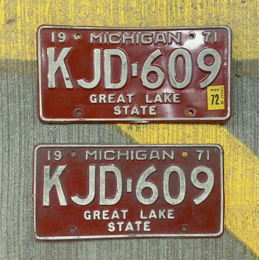 Photo of a 1971 1972 Michigan License Plate Pair Auto Tag Garage Decor Vintage KJD 609 with original patina