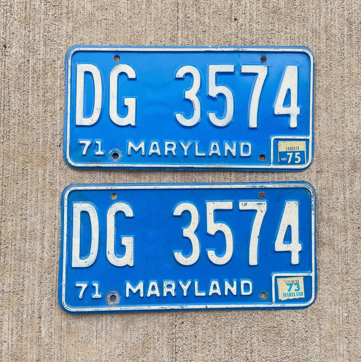 1971 1973 Maryland License Plate Pair Auto Tag DG 3574