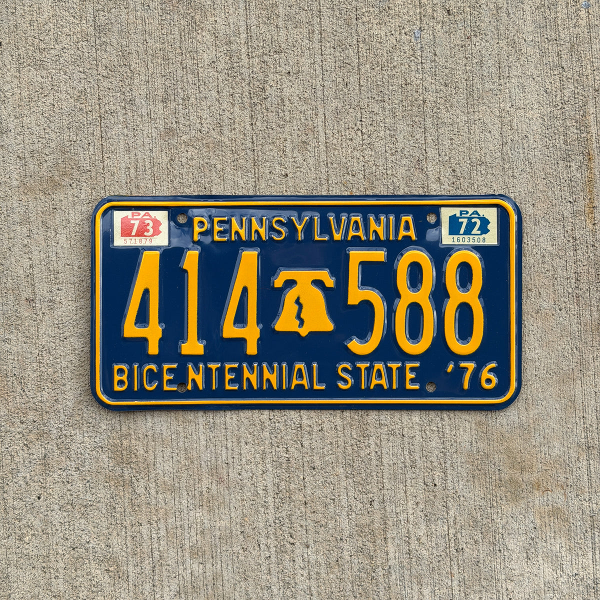 Photo of a 1971 1973 Pennsylvania License Plate Auto Tag Garage Decor Vintage 414 588 with original patina