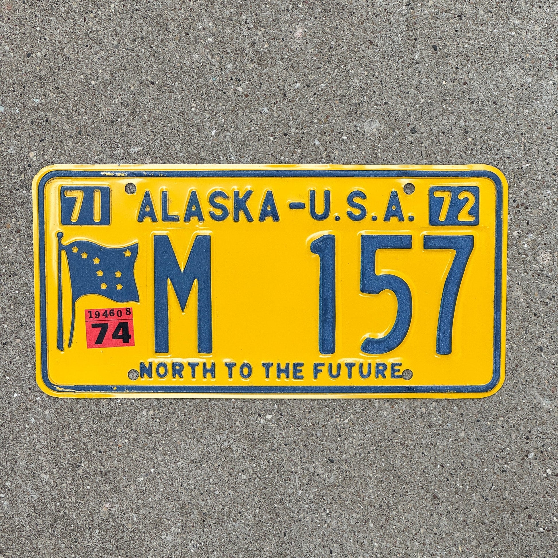 Photo of a 1971 1974 Alaska License Plate Auto Tag Garage Decor Vintage High Quality M 157 with original patina
