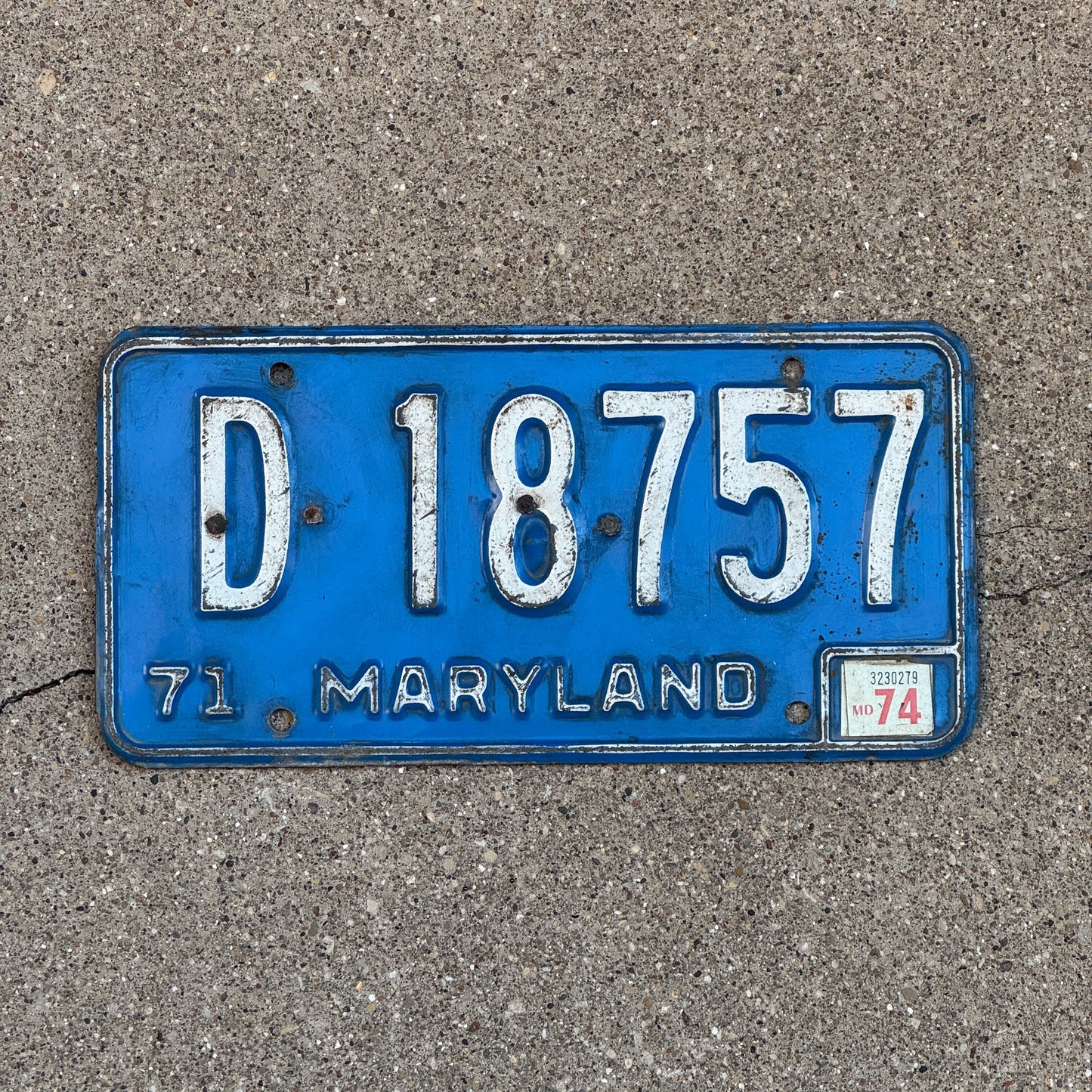 Photo of a 1971 1974 Maryland Dealer License Plate Auto Tag Garage Decor Vintage with Registration Details D 18757 with original patina