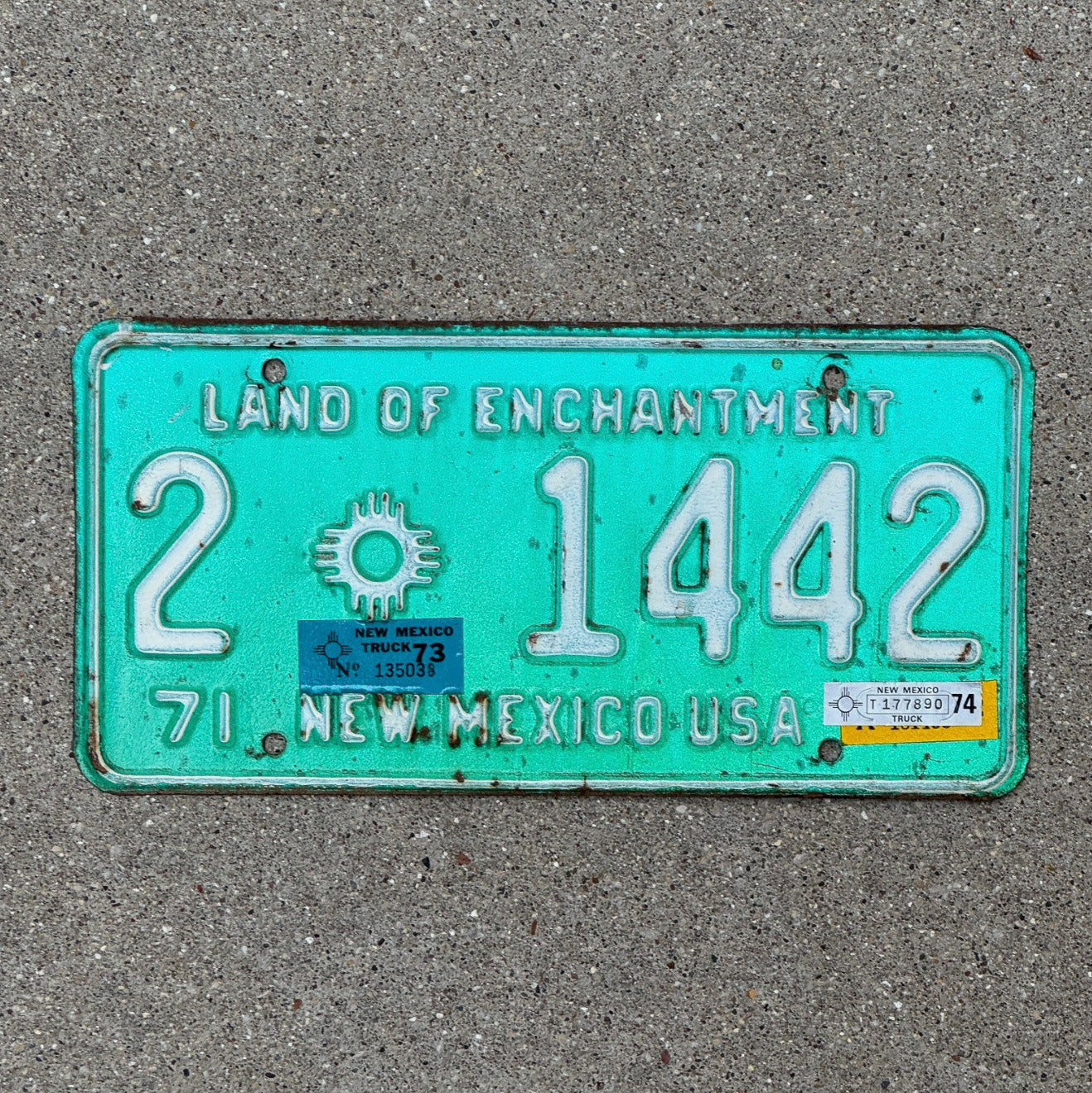 Photo of a 1971 1974 New Mexico Truck License Plate Auto Tag Garage Decor Vintage 2 1442 with original patina