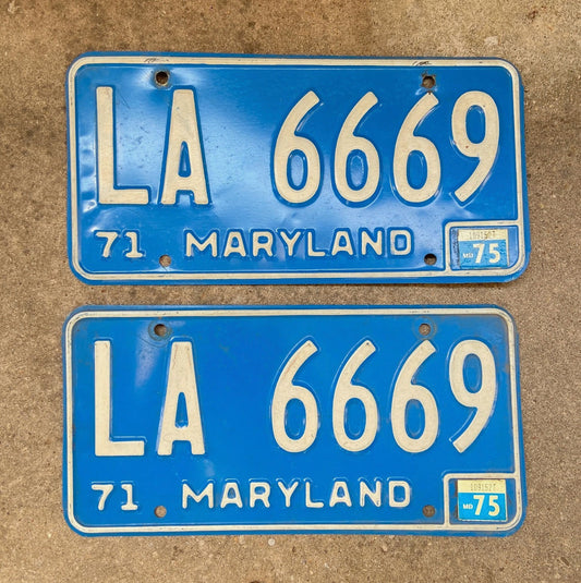 1971 1975 Maryland License Plate Auto Tag 666 Devil Evil Repeating LA 6669