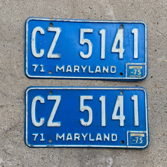 Photo of a 1971 1975 Maryland License Plate Pair Auto Tag Garage Decor Vintage CZ 5141 with original patina
