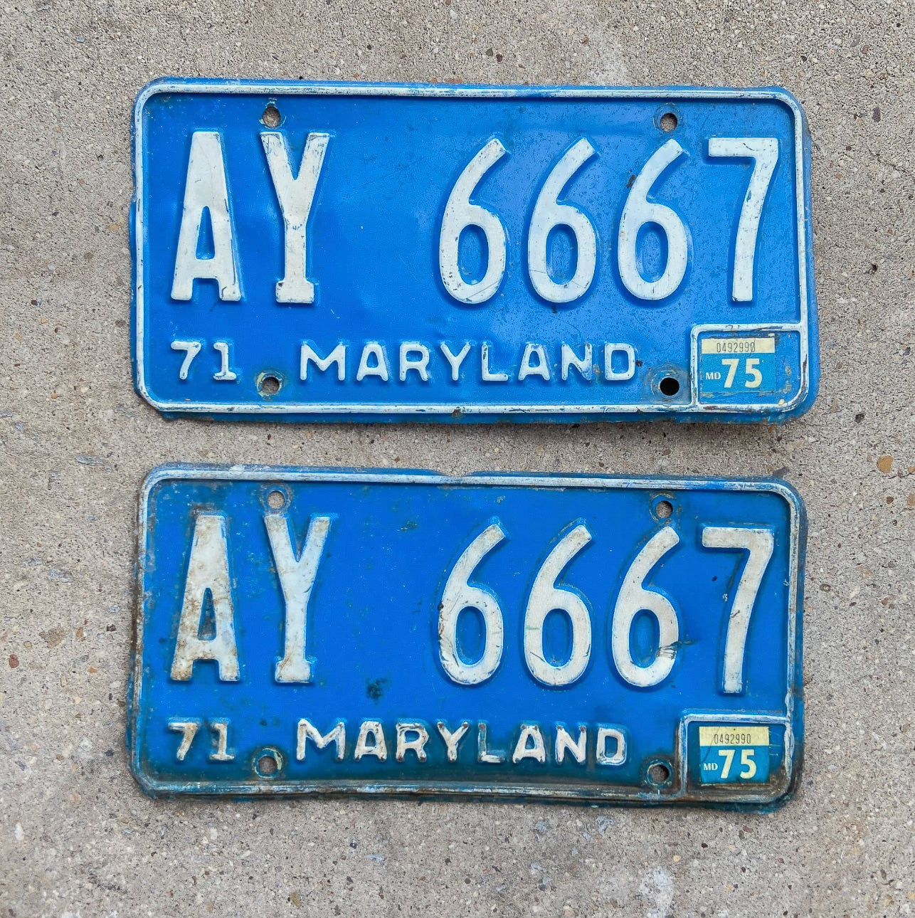 Photo of a 1971 1975 Maryland License Plate Pair Auto Tag Garage Decor Vintage Devil Evil Number 666 Repeat Repeating AY 6667 with original patina