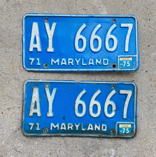 Photo of a 1971 1975 Maryland License Plate Pair Auto Tag Garage Decor Vintage Devil Evil Number 666 Repeat Repeating AY 6667 with original patina