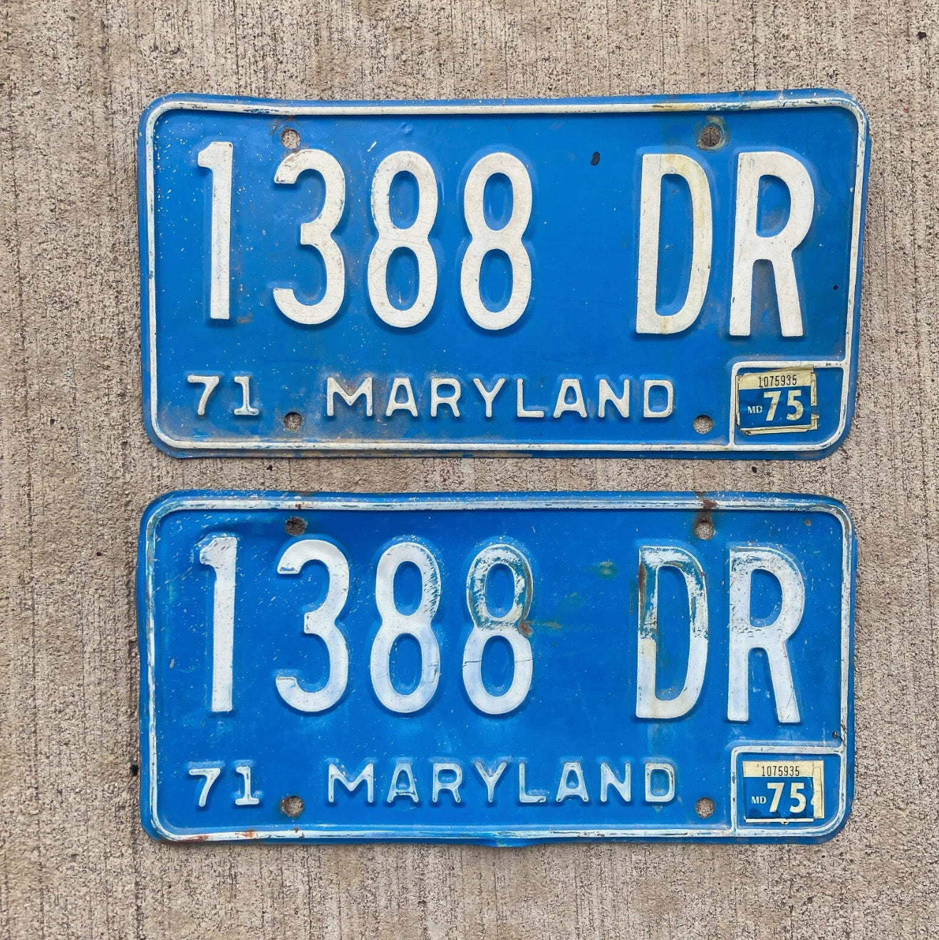 Photo of a 1971 1975 Maryland Truck License Plate Pair Auto Tag Garage Decor Vintage 1388 DR with original patina