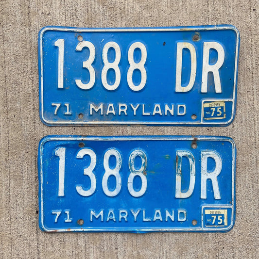 Photo of a 1971 1975 Maryland Truck License Plate Pair Auto Tag Garage Decor Vintage 1388 DR with original patina